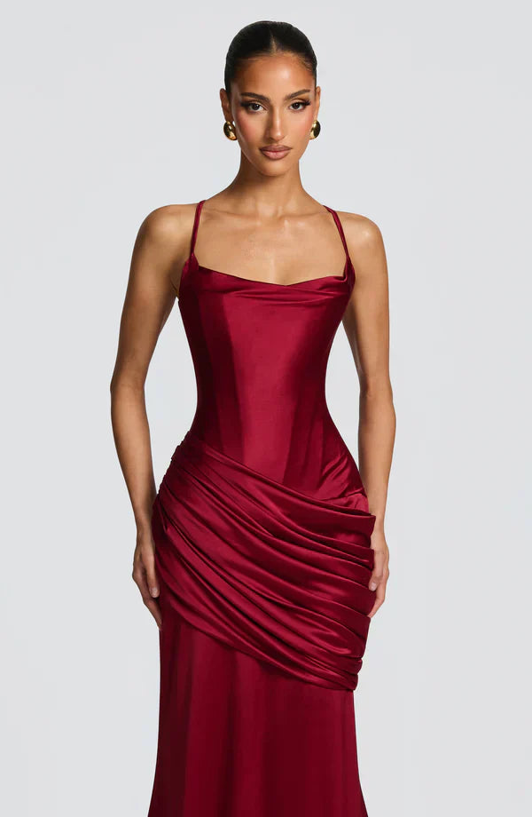 Vestito lungo da donna con scollo a cuore, bustier, schiena con allacciatura, gonna drappeggiata, spalline sottili
