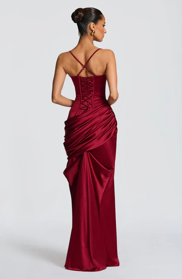 Vestito lungo da donna con scollo a cuore, bustier, schiena con allacciatura, gonna drappeggiata, spalline sottili