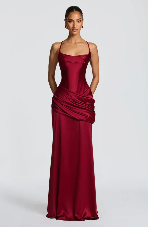 Vestito lungo da donna con scollo a cuore, bustier, schiena con allacciatura, gonna drappeggiata, spalline sottili