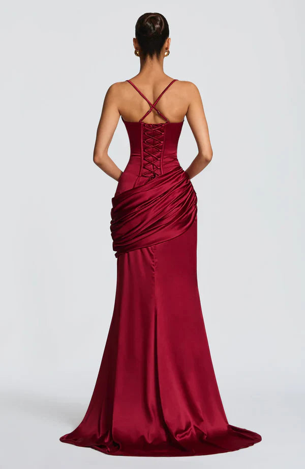 Vestito lungo da donna con scollo a cuore, bustier, schiena con allacciatura, gonna drappeggiata, spalline sottili