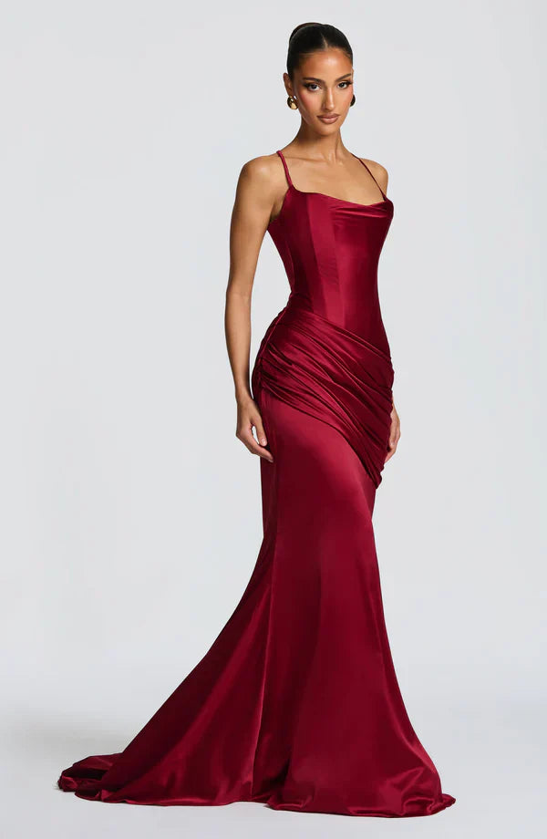 Vestito lungo da donna con scollo a cuore, bustier, schiena con allacciatura, gonna drappeggiata, spalline sottili