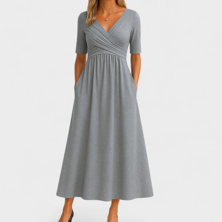 Abito midi donna con scollo a V, maniche corte, corpetto drappeggiato, tasche laterali