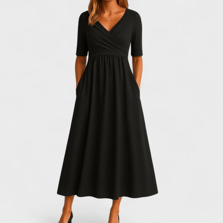 Abito midi donna con scollo a V, maniche corte, corpetto drappeggiato, tasche laterali