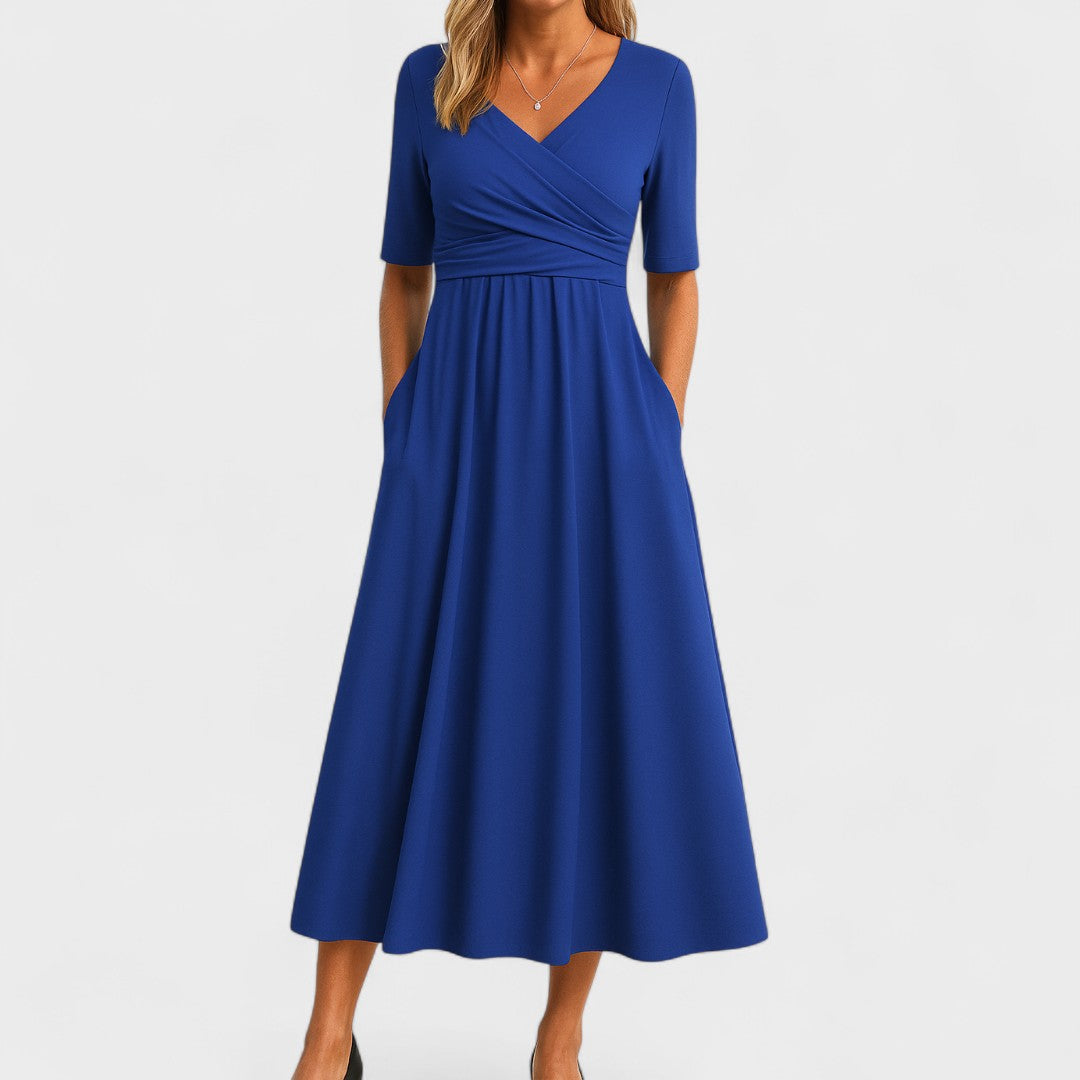 Abito midi donna con scollo a V, maniche corte, corpetto drappeggiato, tasche laterali