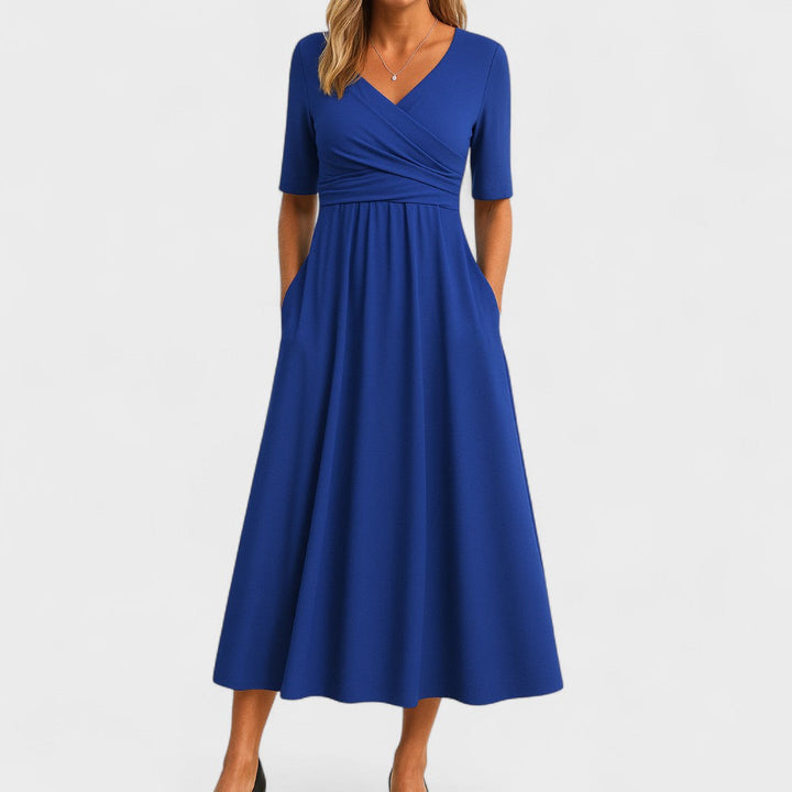 Abito midi donna con scollo a V, maniche corte, corpetto drappeggiato, tasche laterali
