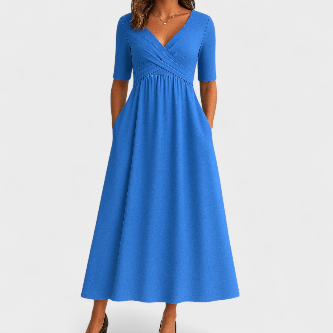 Abito midi donna con scollo a V, maniche corte, corpetto drappeggiato, tasche laterali
