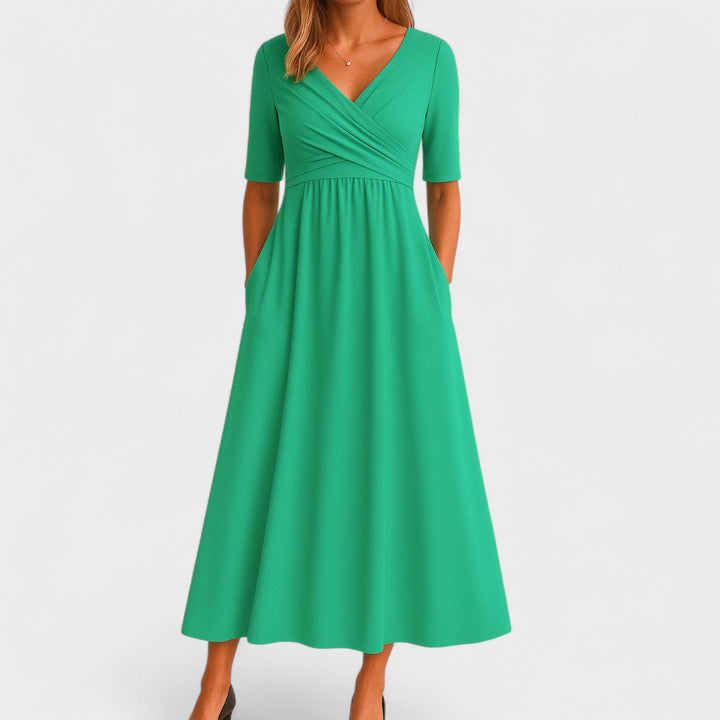 Abito midi donna con scollo a V, maniche corte, corpetto drappeggiato, tasche laterali