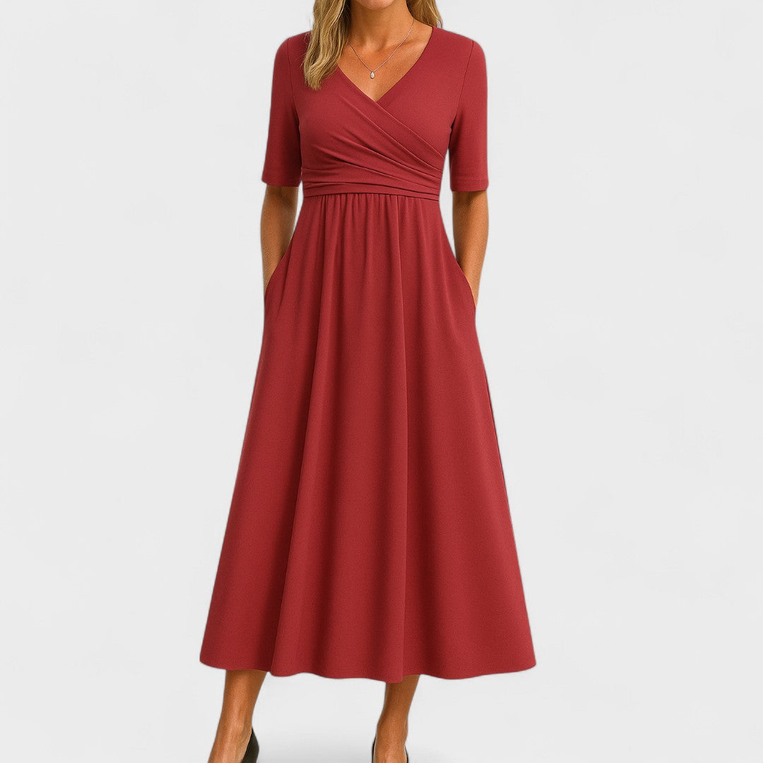 Abito midi donna con scollo a V, maniche corte, corpetto drappeggiato, tasche laterali