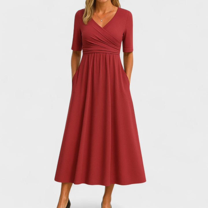 Abito midi donna con scollo a V, maniche corte, corpetto drappeggiato, tasche laterali