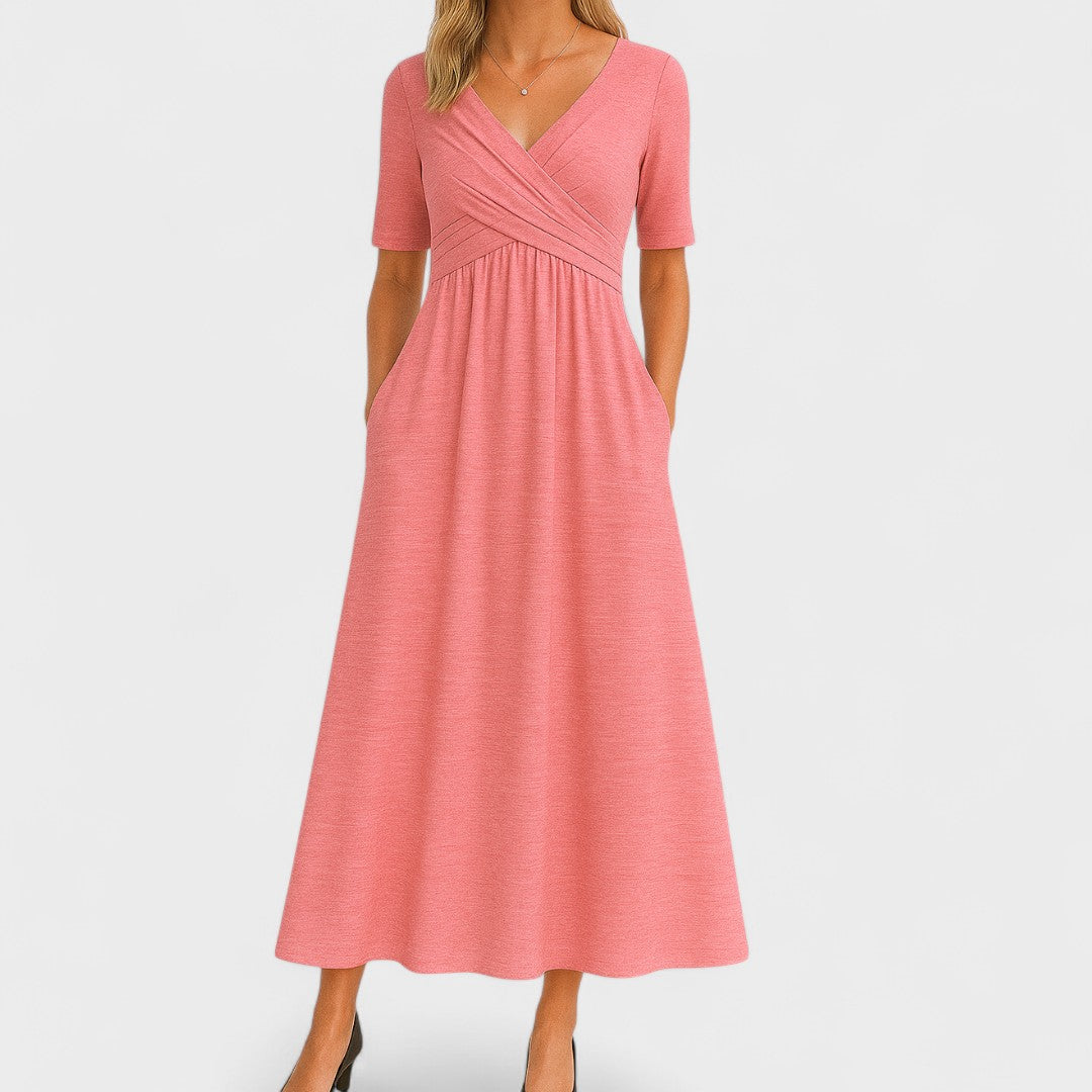 Abito midi donna con scollo a V, maniche corte, corpetto drappeggiato, tasche laterali