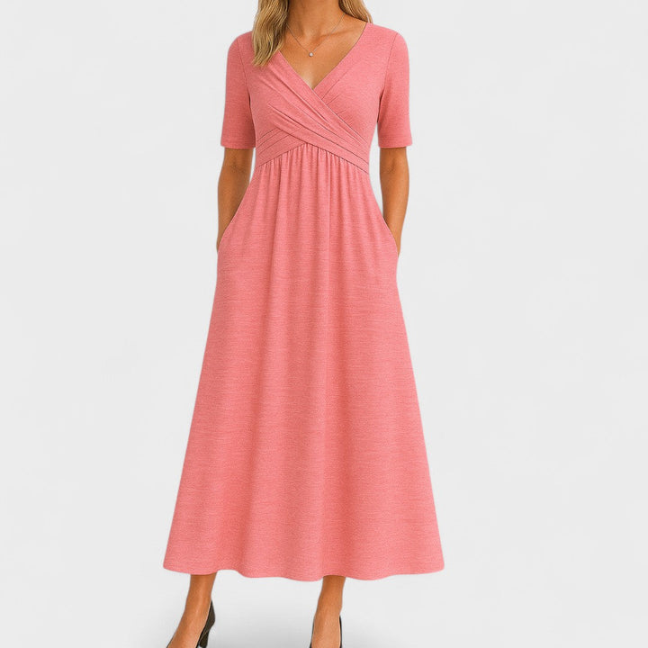 Abito midi donna con scollo a V, maniche corte, corpetto drappeggiato, tasche laterali