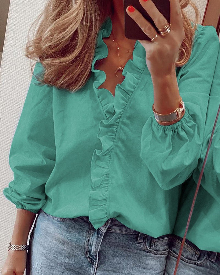 Blusa da donna a taglio dritto con scollo a V, volant, maniche lunghe arricciate