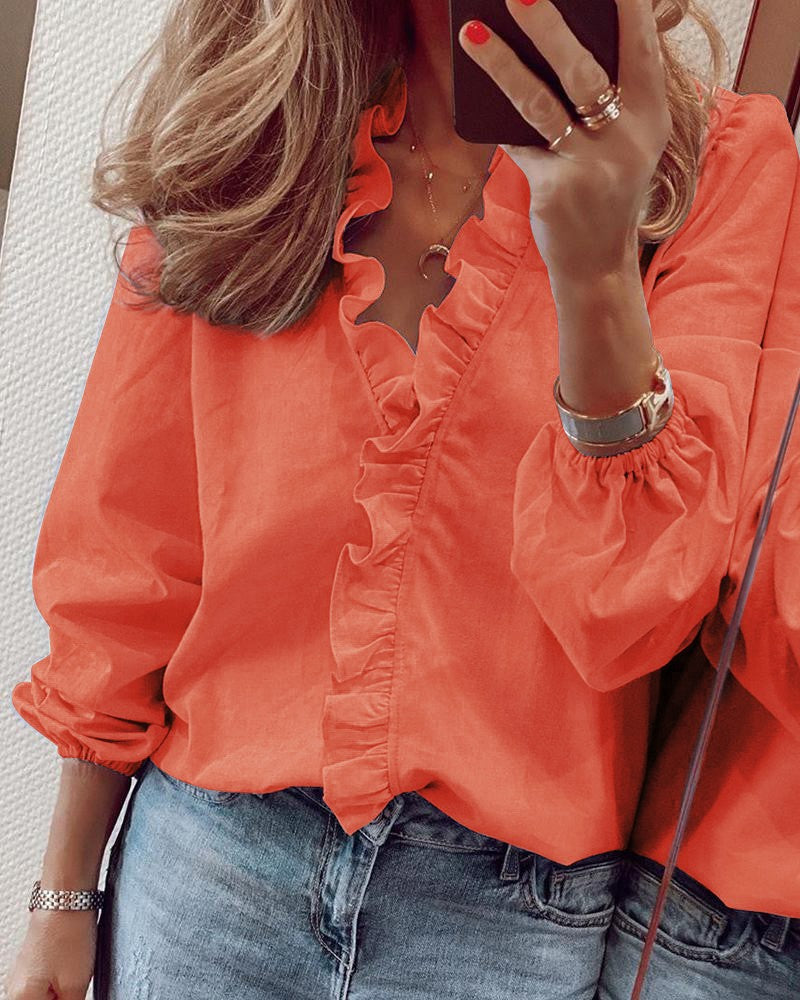 Blusa da donna a taglio dritto con scollo a V, volant, maniche lunghe arricciate