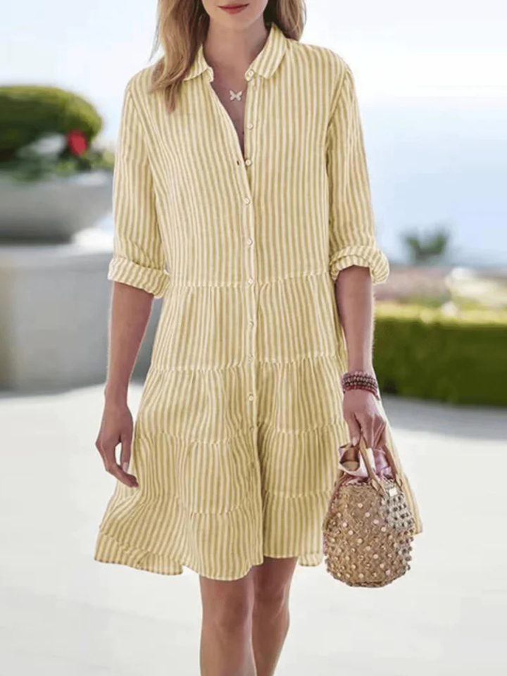 Abito midi donna a righe colletto a camicia abbottonato maniche 3/4