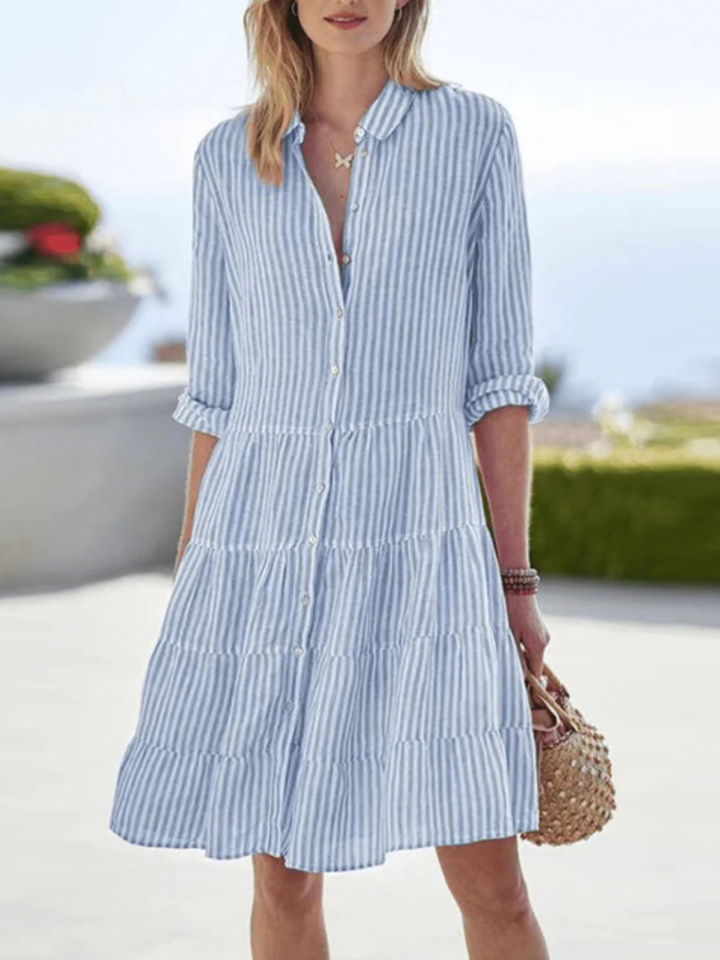 Abito midi donna a righe colletto a camicia abbottonato maniche 3/4