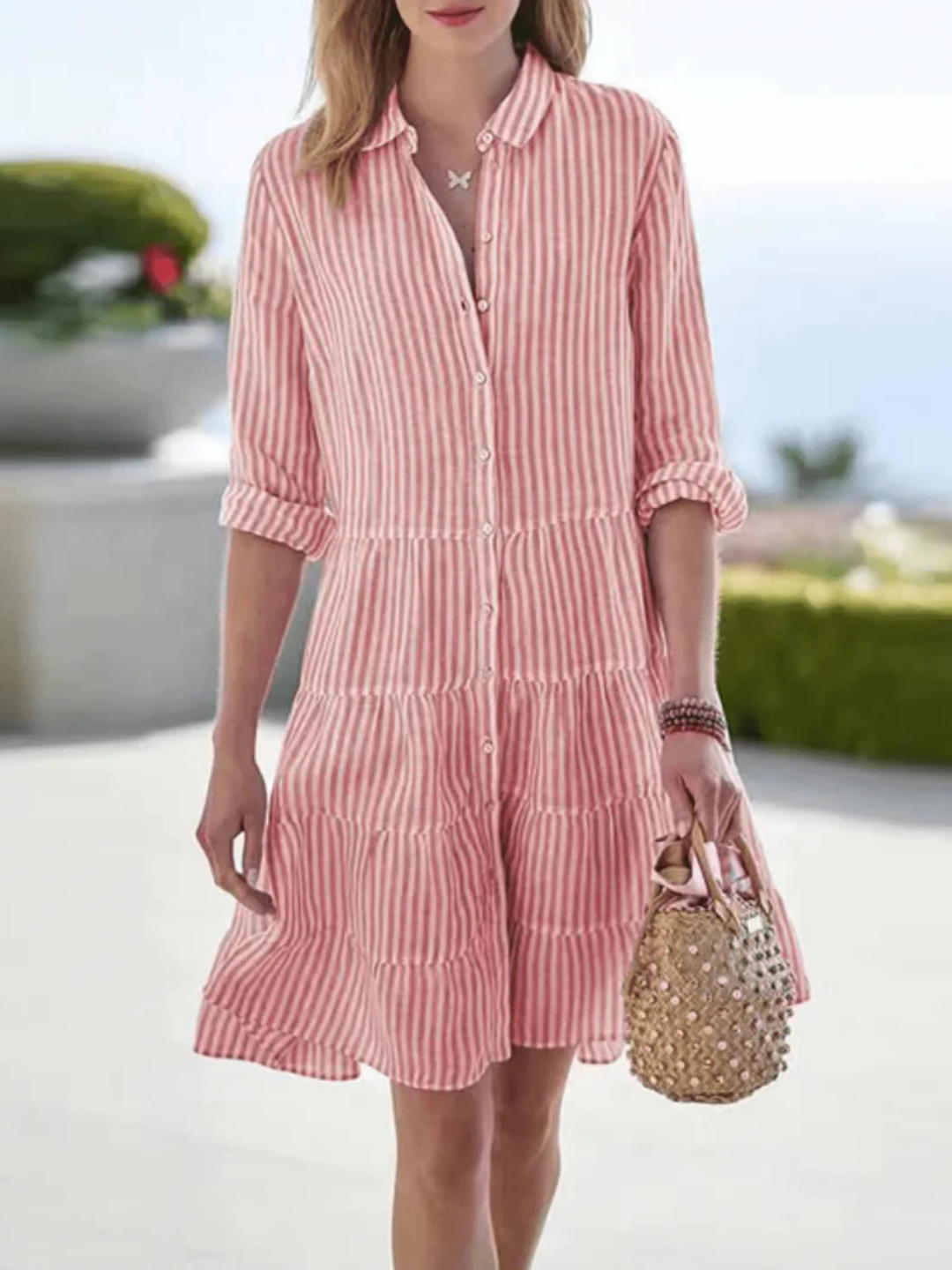 Abito midi donna a righe colletto a camicia abbottonato maniche 3/4