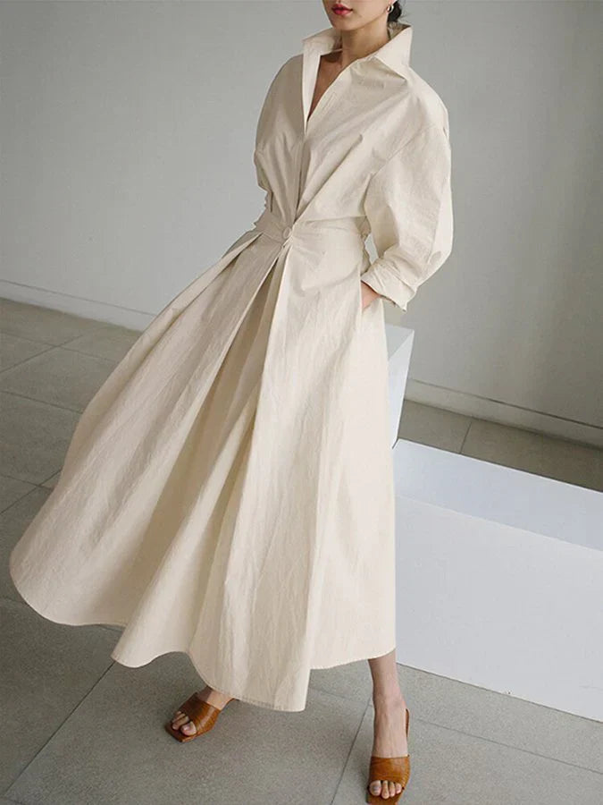Abito midi da donna con colletto a camicia a V, maniche 3/4, plissettato, vita aderente e tasche