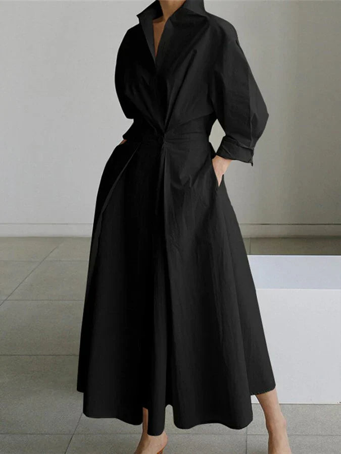 Abito midi da donna con colletto a camicia a V, maniche 3/4, plissettato, vita aderente e tasche