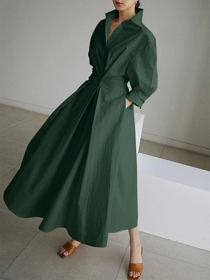 Abito midi da donna con colletto a camicia a V, maniche 3/4, plissettato, vita aderente e tasche