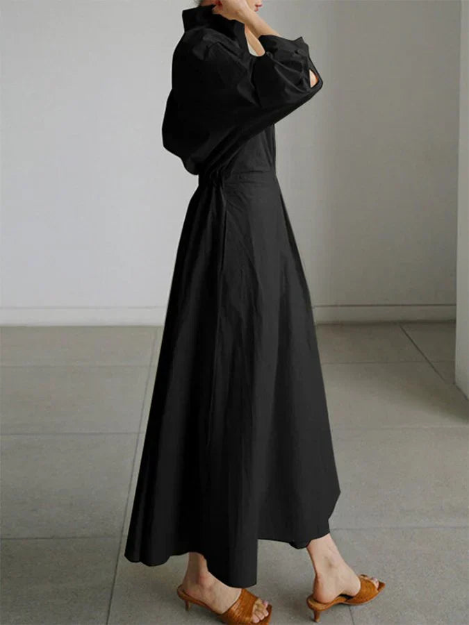 Abito midi da donna con colletto a camicia a V, maniche 3/4, plissettato, vita aderente e tasche