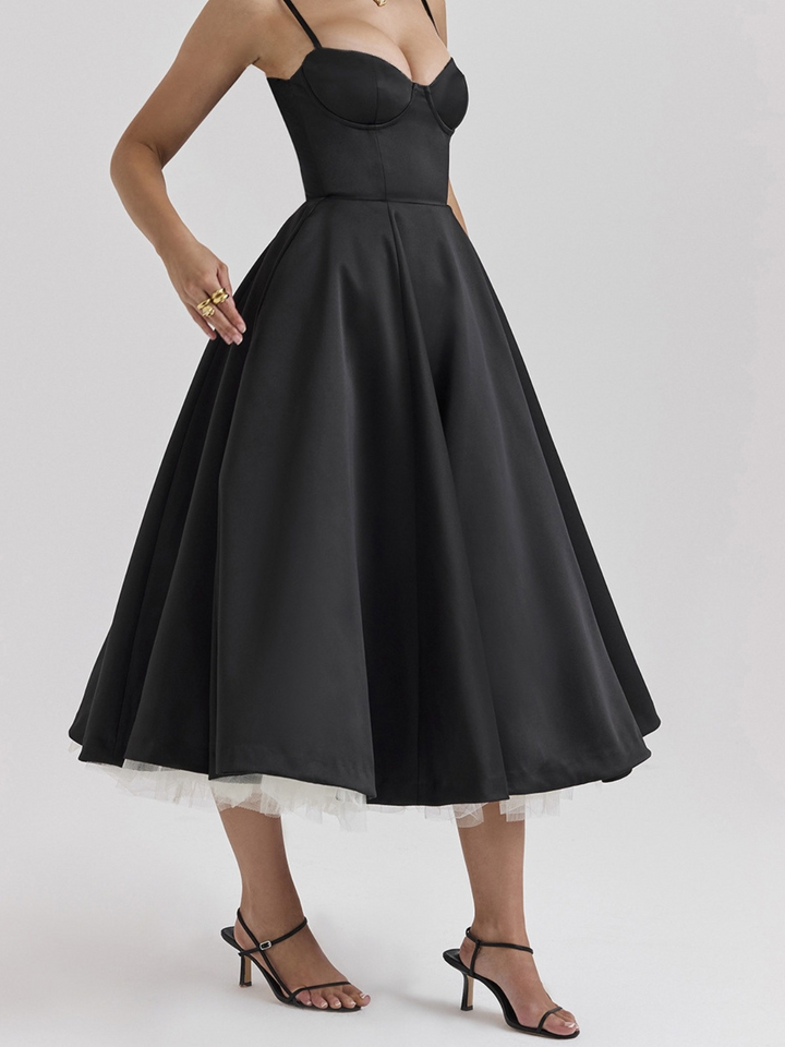 Abito midi donna scollatura a bustier spalline sottili vita alta gonna svasata