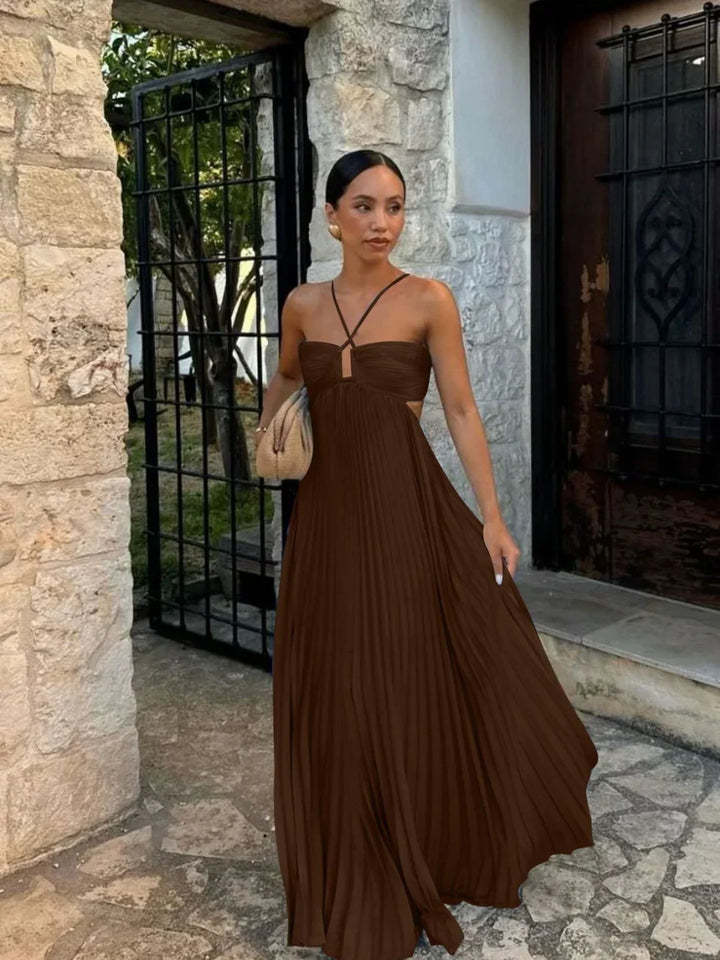 Vestito lungo da donna plissettato collo all’americana vita alta con cut-out laterali