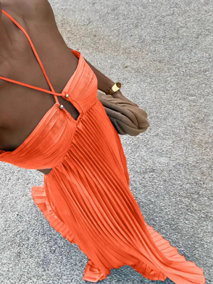 Vestito lungo da donna plissettato collo all’americana vita alta con cut-out laterali