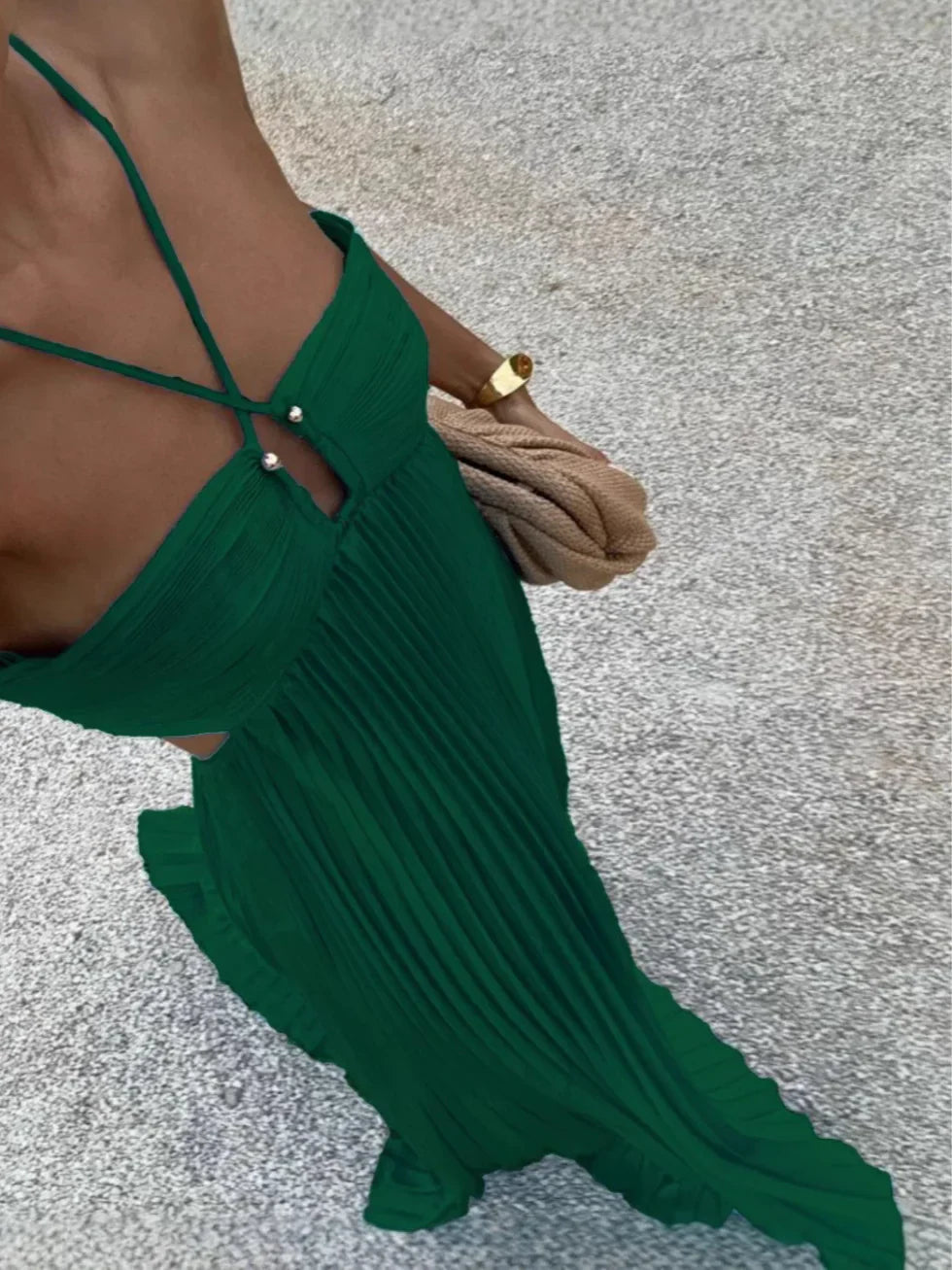 Vestito lungo da donna plissettato collo all’americana vita alta con cut-out laterali
