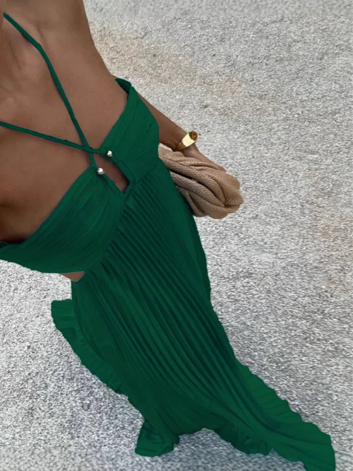 Vestito lungo da donna plissettato collo all’americana vita alta con cut-out laterali