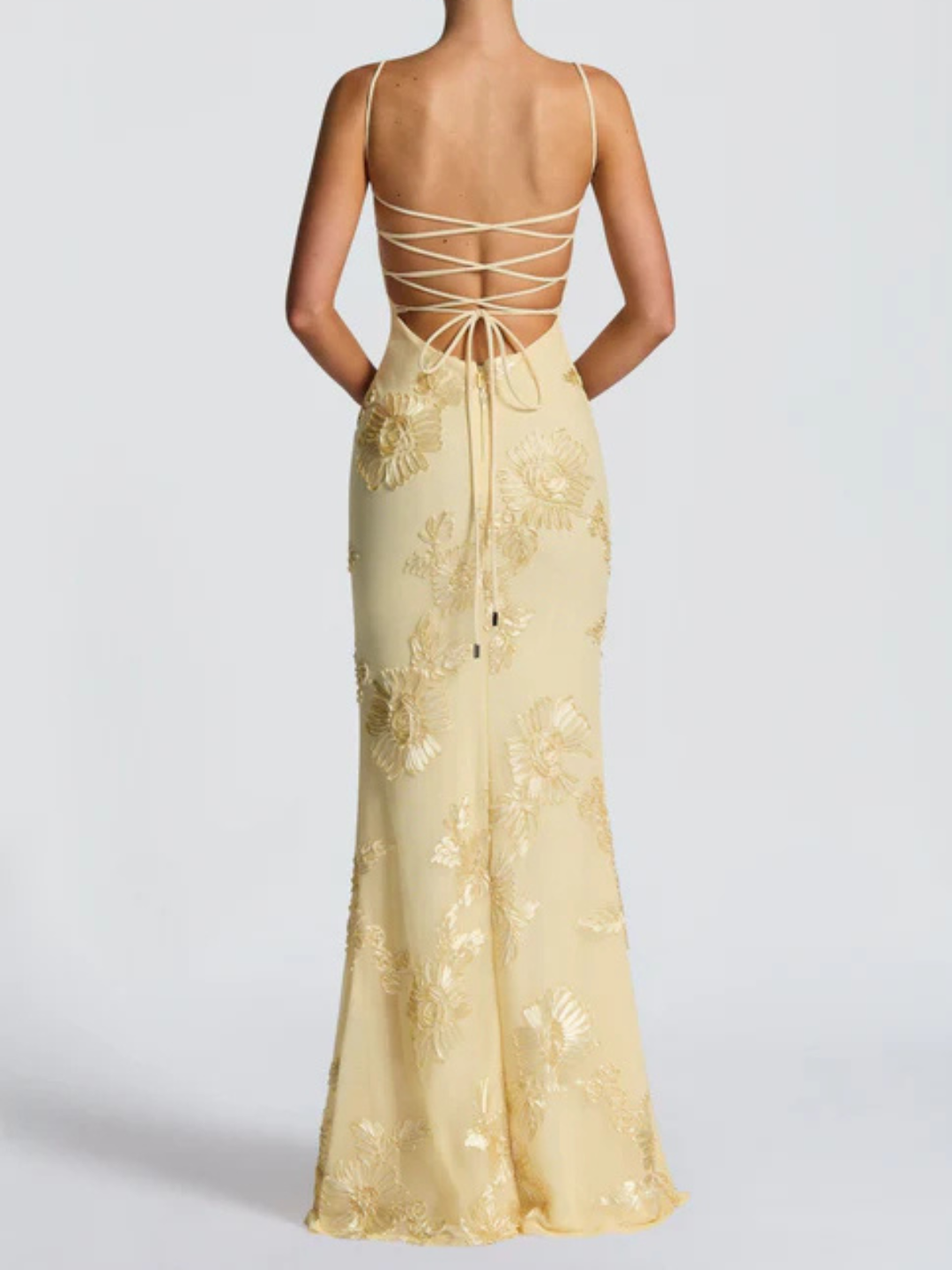 Vestito lungo da donna giallo pallido, bustier con ricami floreali, taglio a tubino