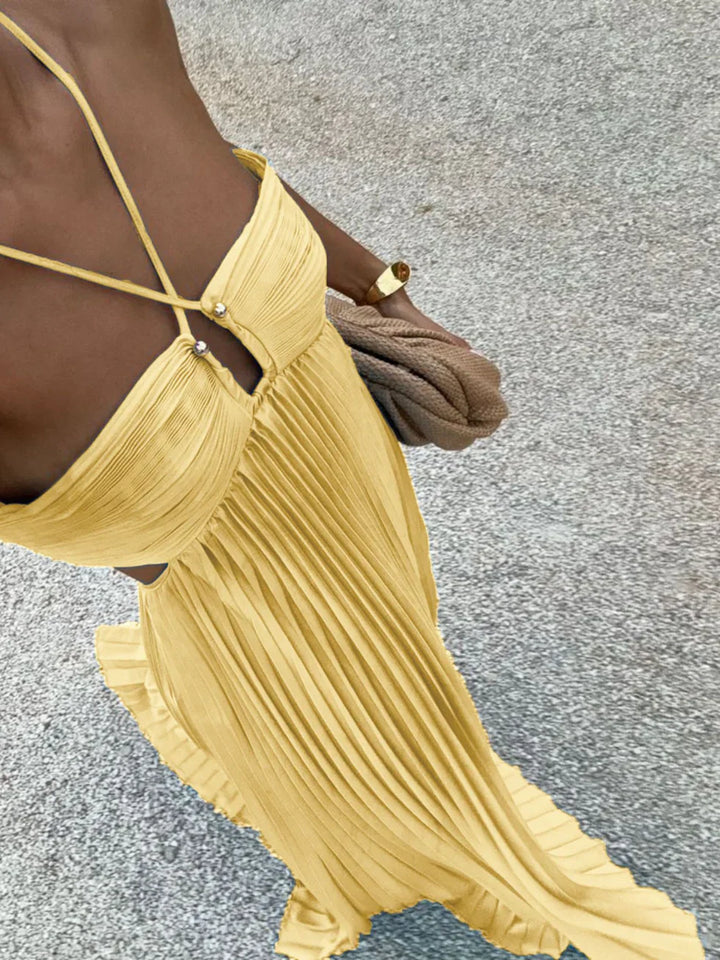 Vestito lungo da donna plissettato collo all’americana vita alta con cut-out laterali