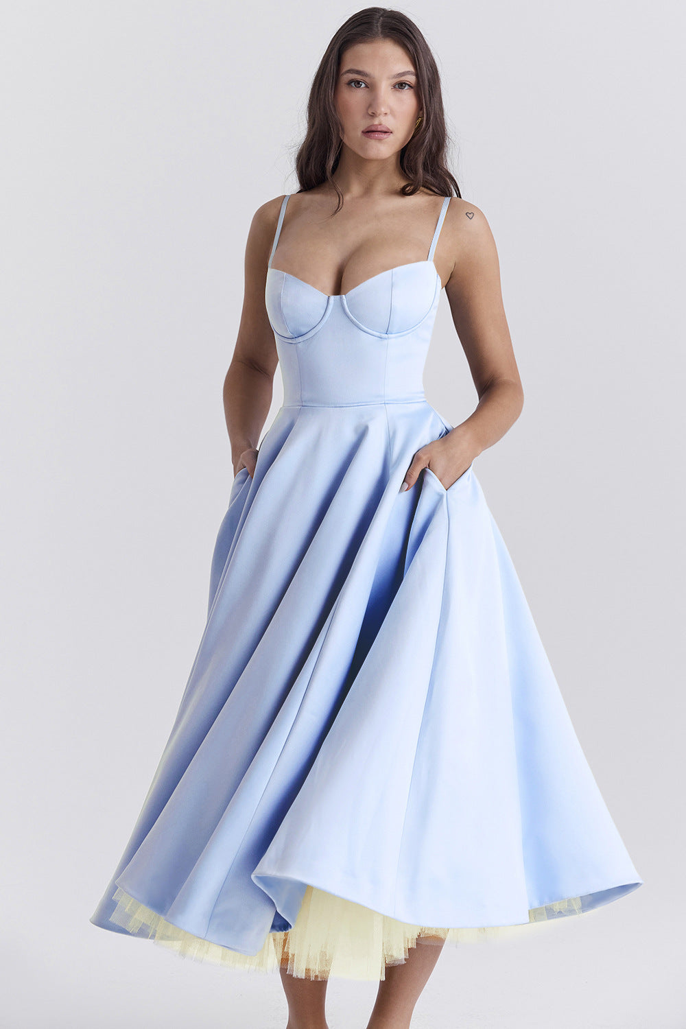 Abito midi donna bustier spalline sottili gonna svasata tasche