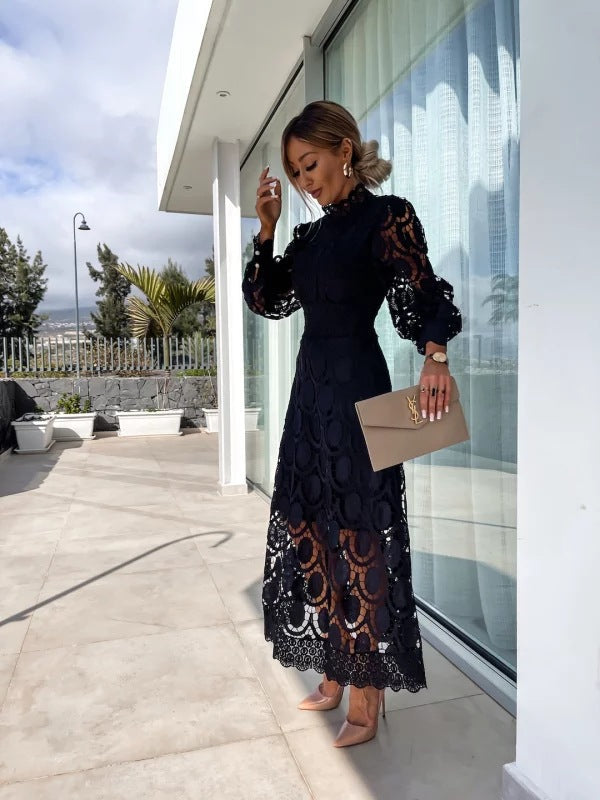 Abito midi donna collo alto pizzo traforato maniche lunghe a sbuffo