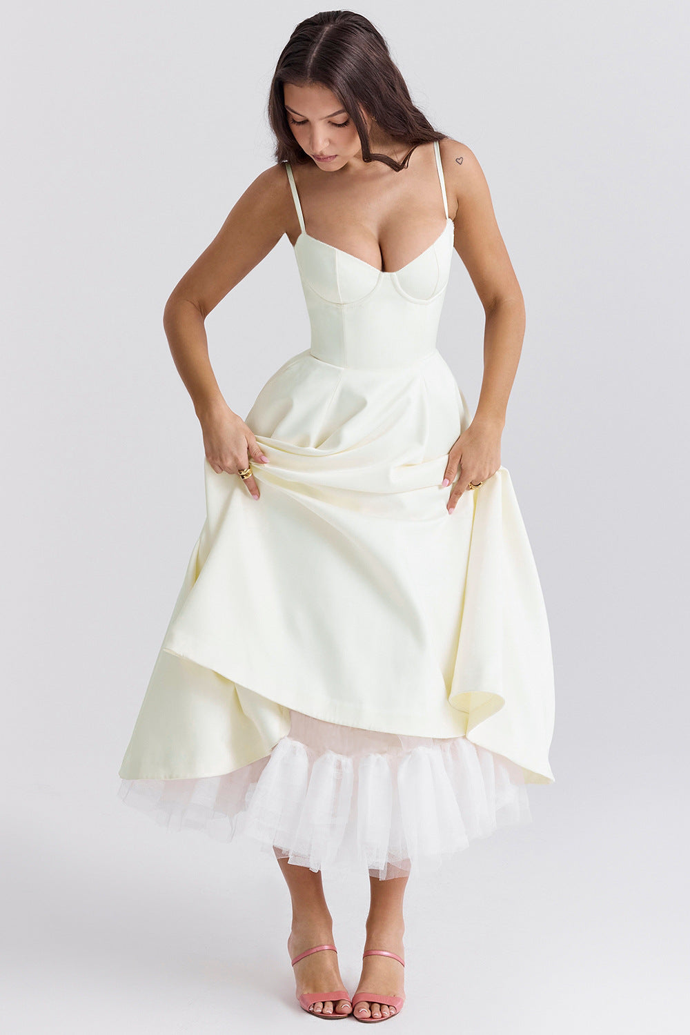 Abito midi donna bustier spalline sottili gonna svasata tasche