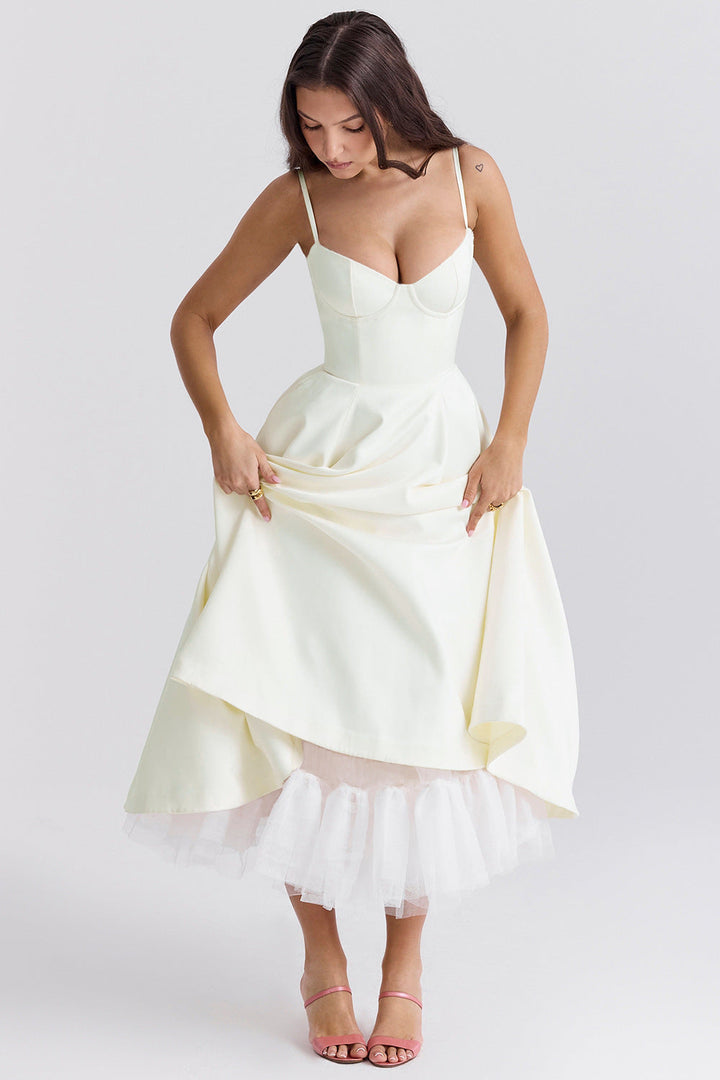 Abito midi donna bustier spalline sottili gonna svasata tasche