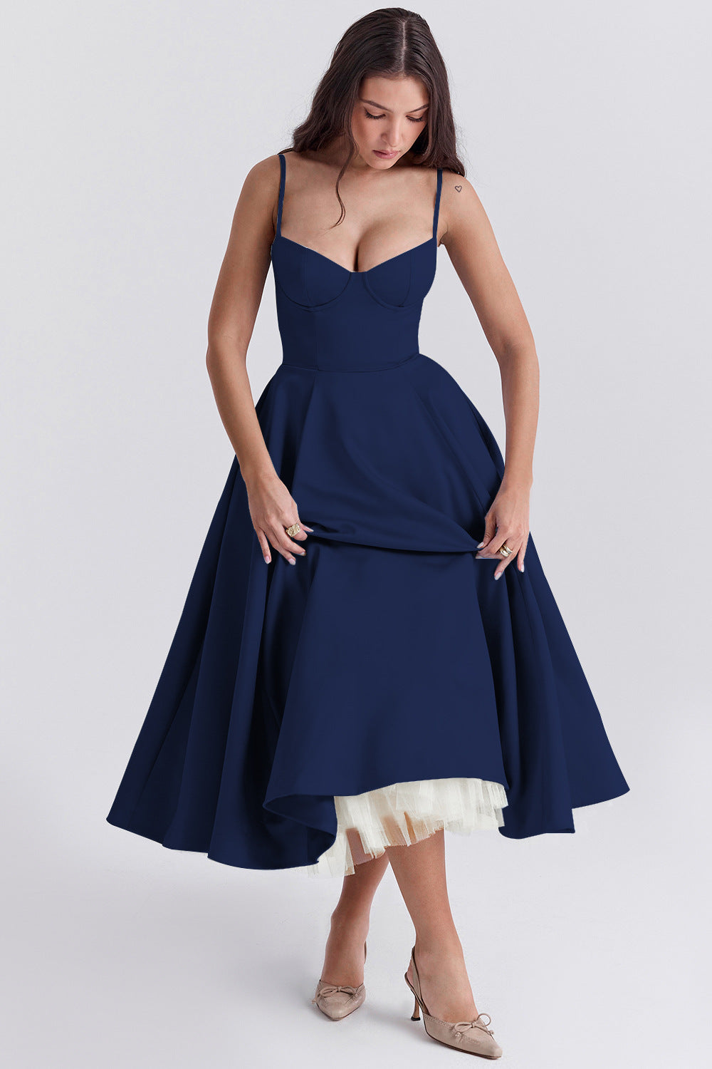 Abito midi donna bustier spalline sottili gonna svasata tasche