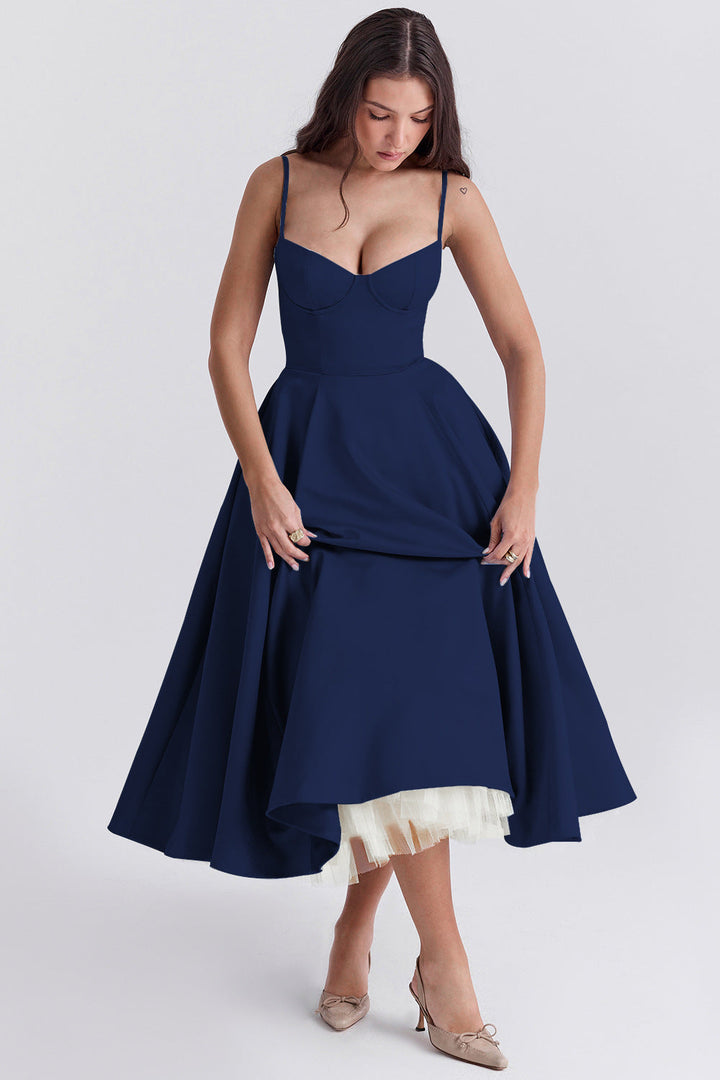 Abito midi donna bustier spalline sottili gonna svasata tasche