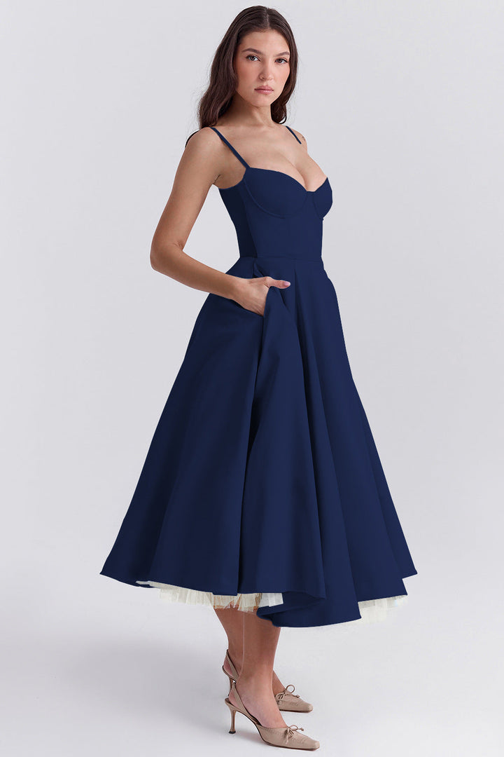 Abito midi donna bustier spalline sottili gonna svasata tasche