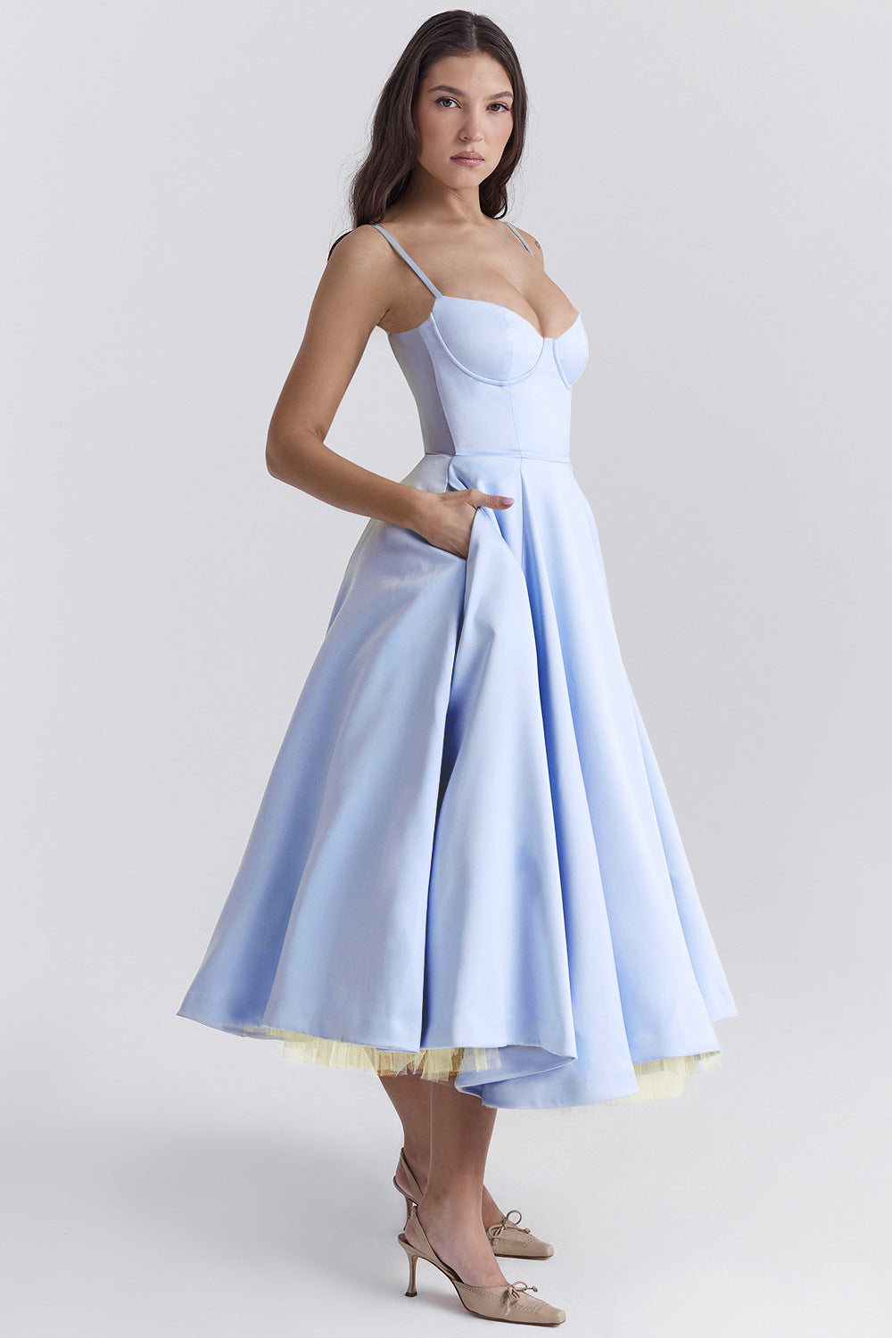 Abito midi donna bustier spalline sottili gonna svasata tasche