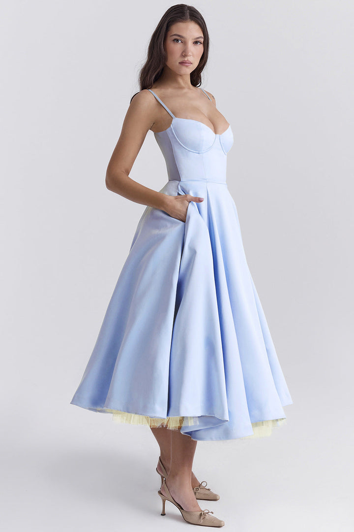 Abito midi donna bustier spalline sottili gonna svasata tasche