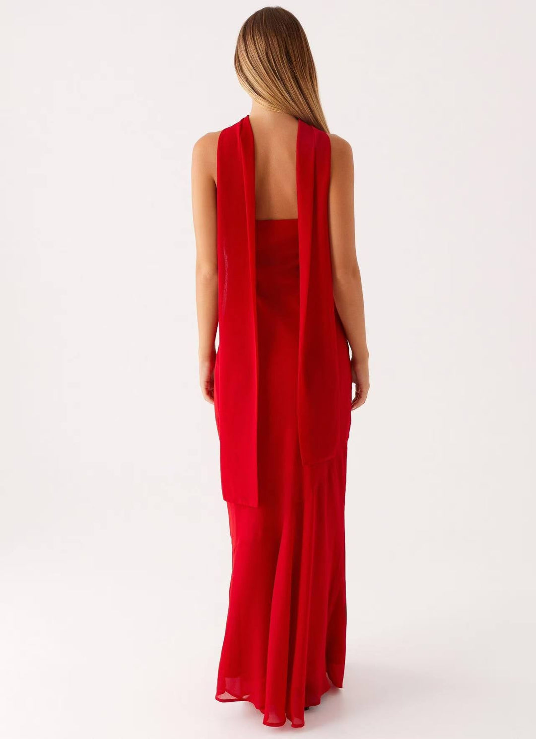 Vestito lungo da donna a sirena con scollo a fascia e colletto foulard integrato