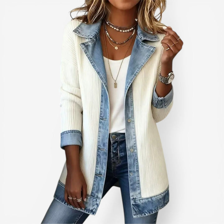 Blusa da donna di media lunghezza con colletto a camicia e strato in denim testurizzato