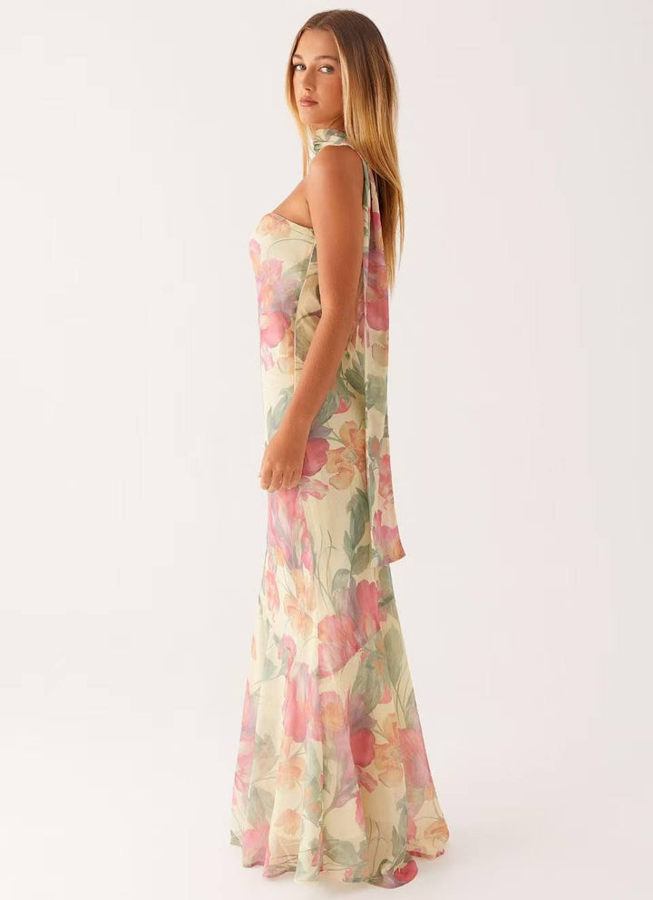 Vestito lungo da donna a sirena con scollo a fascia e colletto foulard integrato