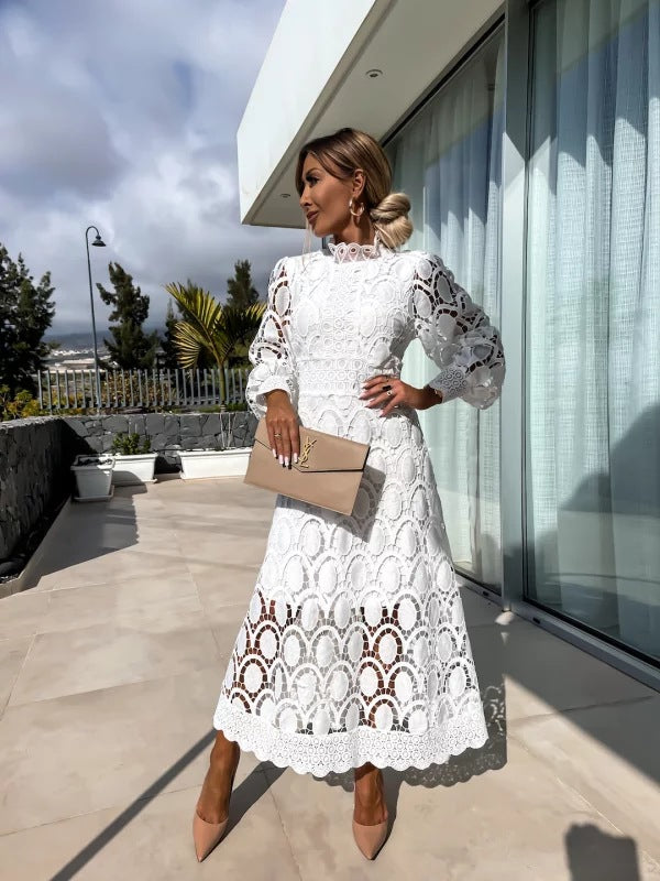 Abito midi donna collo alto pizzo traforato maniche lunghe a sbuffo