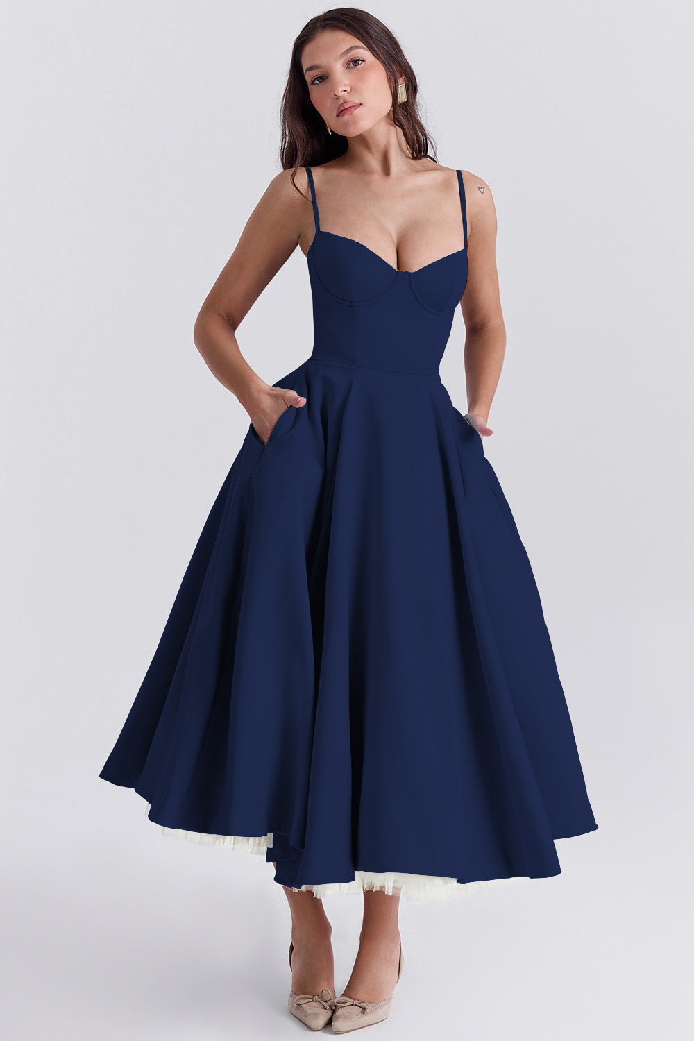 Abito midi donna bustier spalline sottili gonna svasata tasche