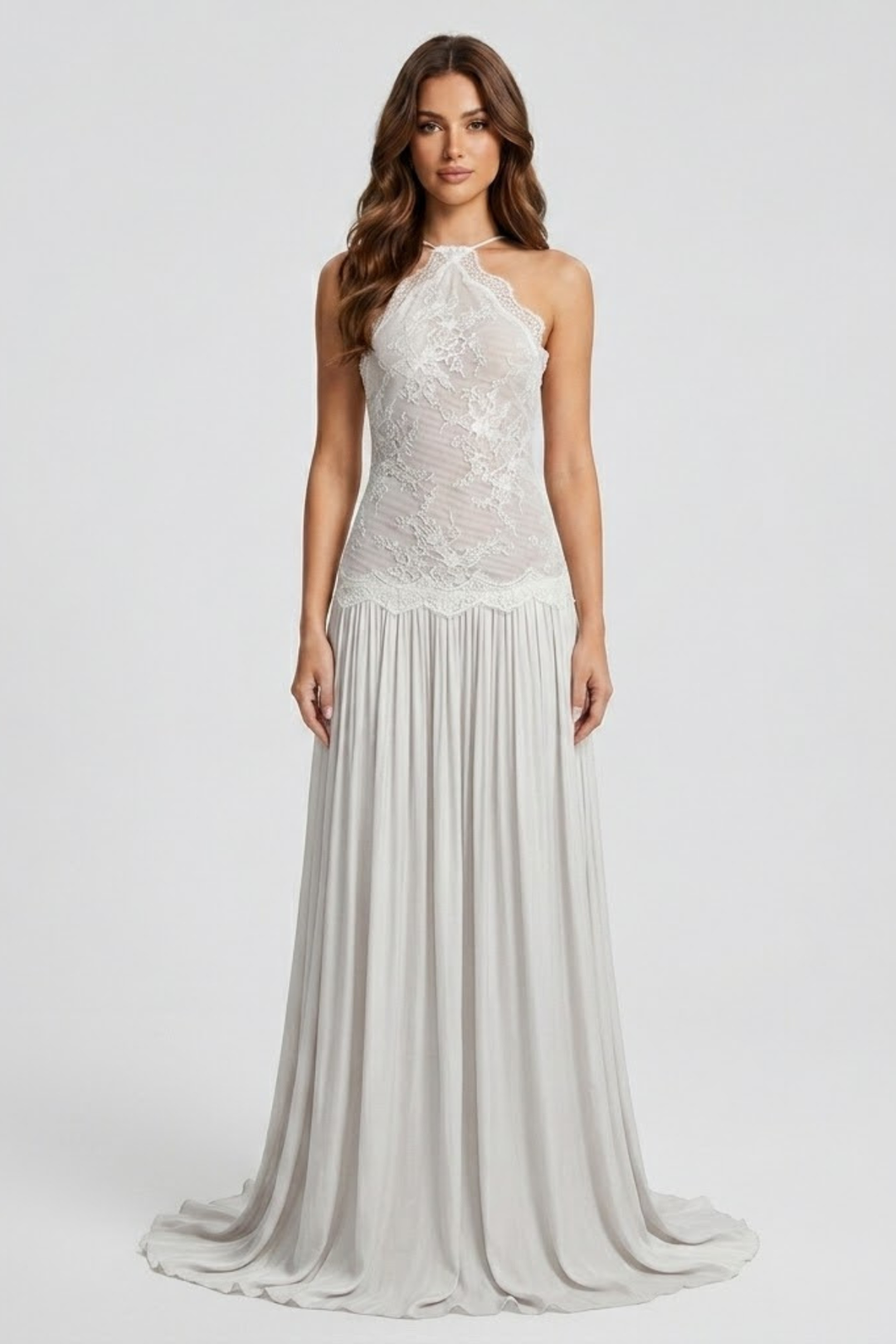 Vestito lungo da donna con collo halter, bustier in pizzo, schiena scoperta, gonna plissettata