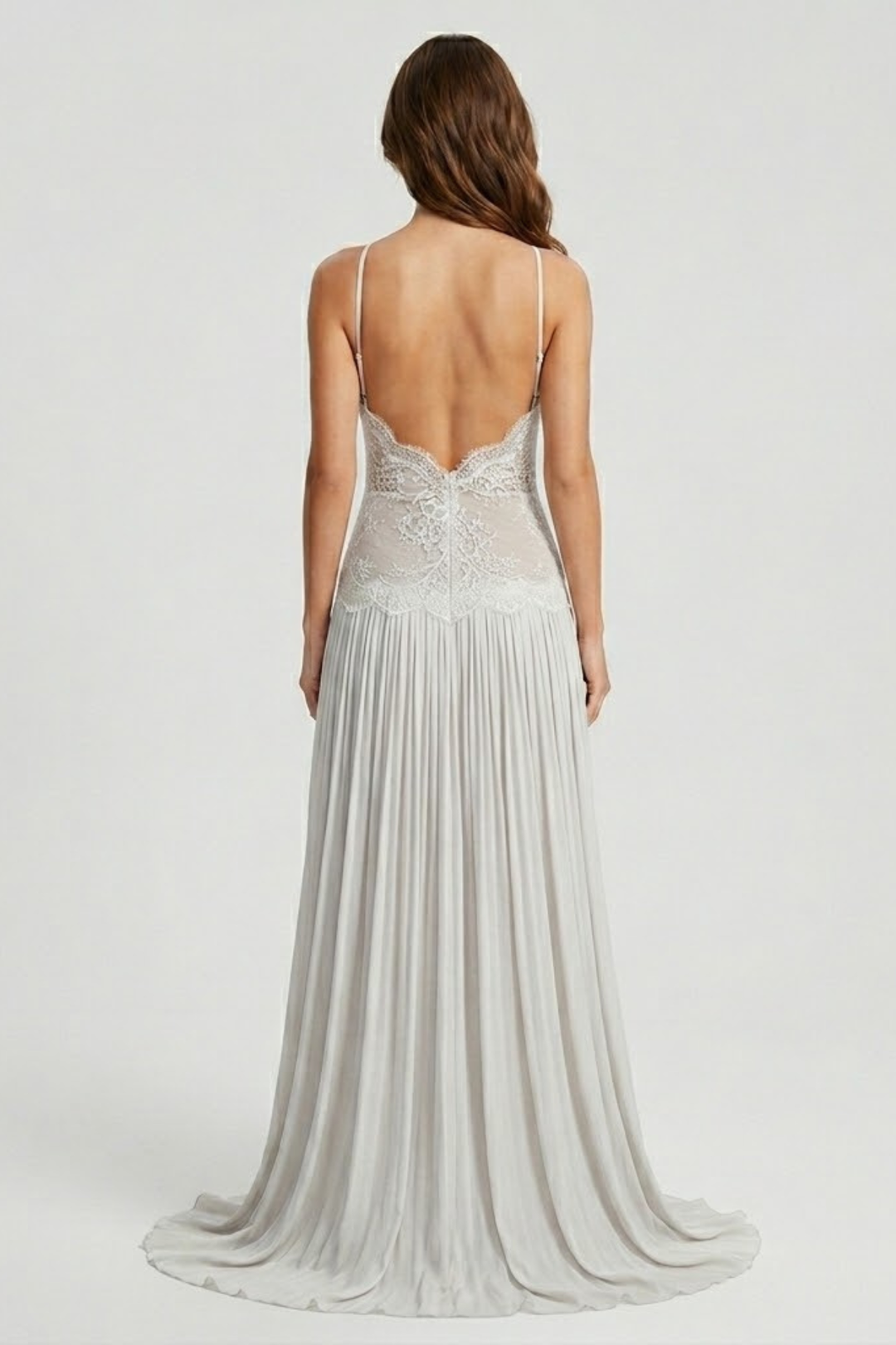 Vestito lungo da donna con collo halter, bustier in pizzo, schiena scoperta, gonna plissettata