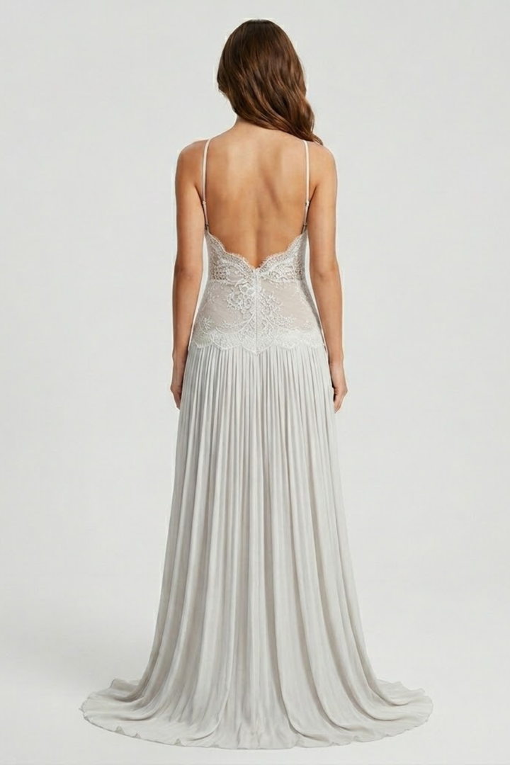 Vestito lungo da donna con collo halter, bustier in pizzo, schiena scoperta, gonna plissettata