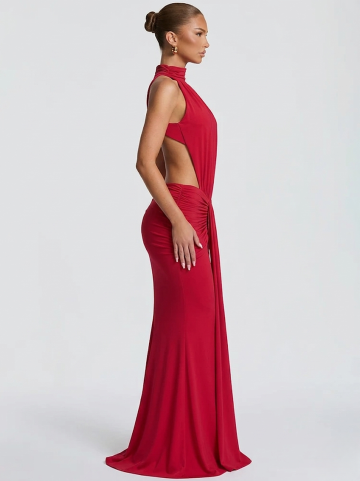 Vestito lungo da donna con collo alto, taglio halter, aperture laterali, schiena scoperta