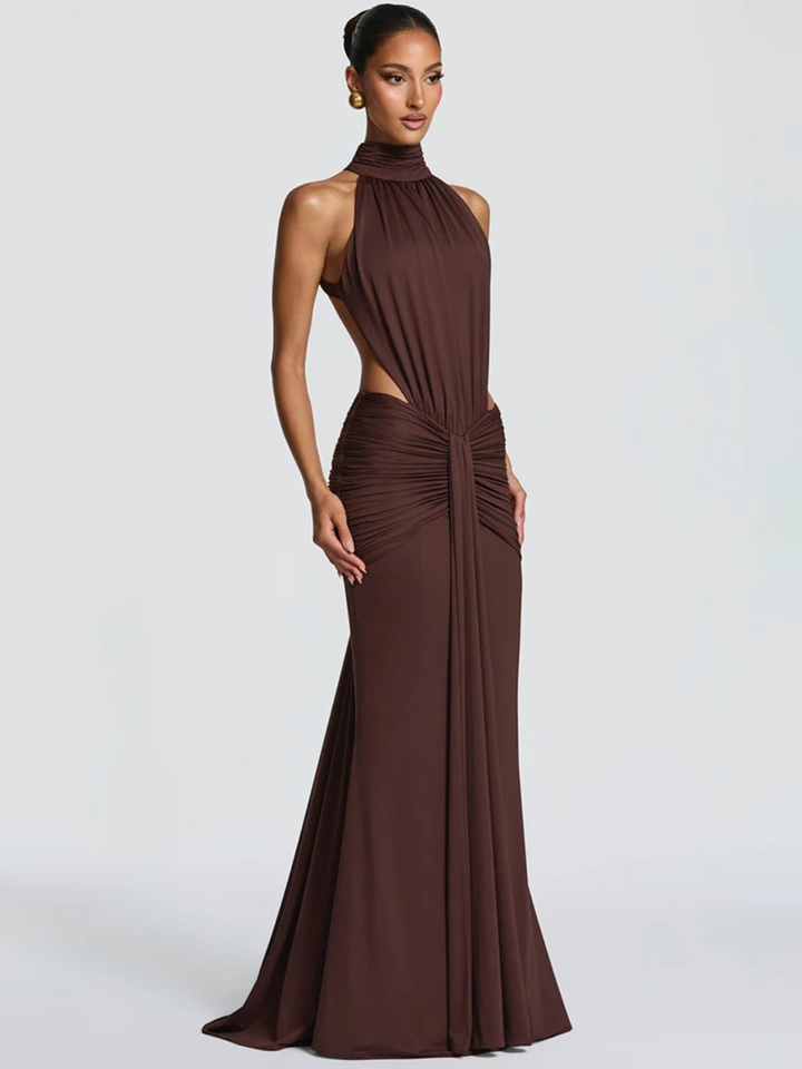 Vestito lungo da donna con collo alto, taglio halter, aperture laterali, schiena scoperta